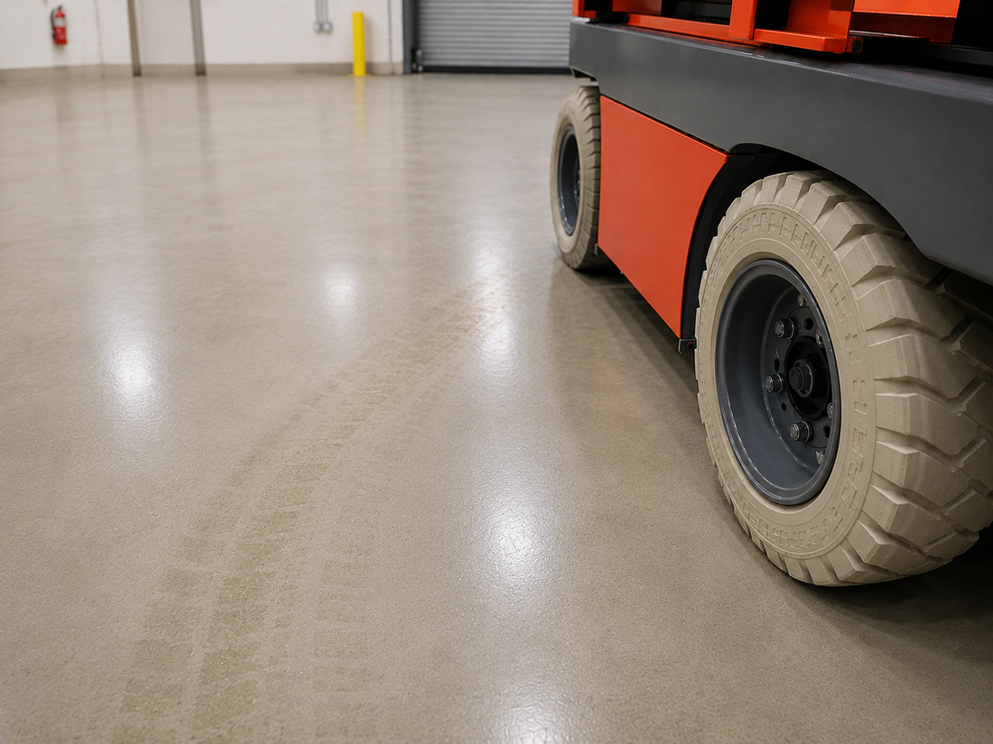 Non-marking tire leaving plasticizer residue on polished warehouse floor before using Tireboots tire covers.